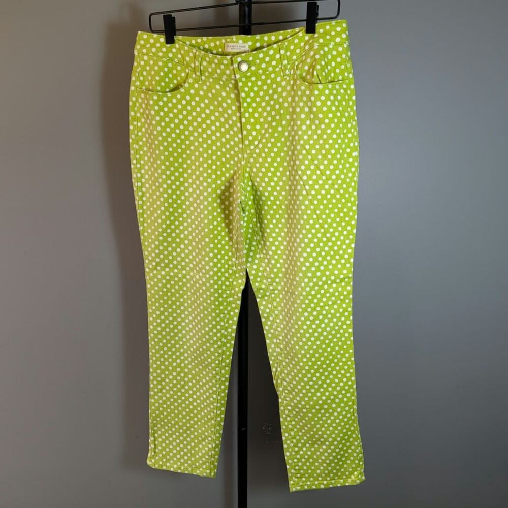 COLDWATER CREEK LIME GREEN WHITE POLKA-DOT SHORT ANKLE STRETCH JEANS PANT Sz 12